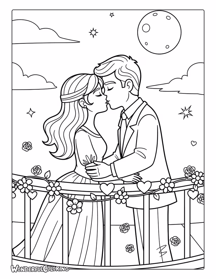 Romantic couple on moonlit balcony coloring page