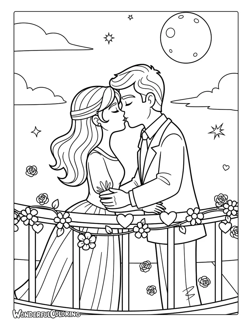 Romantic couple on moonlit balcony coloring page