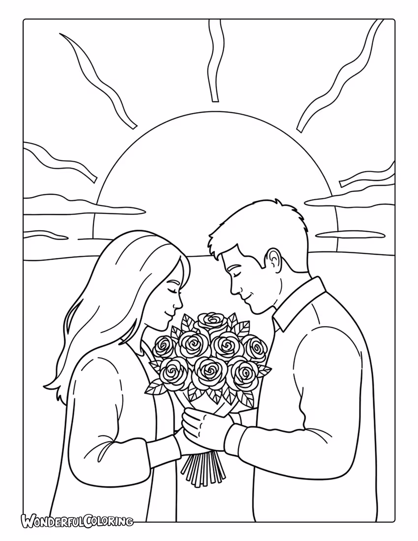 Romantic couple holding roses at sunset coloring page