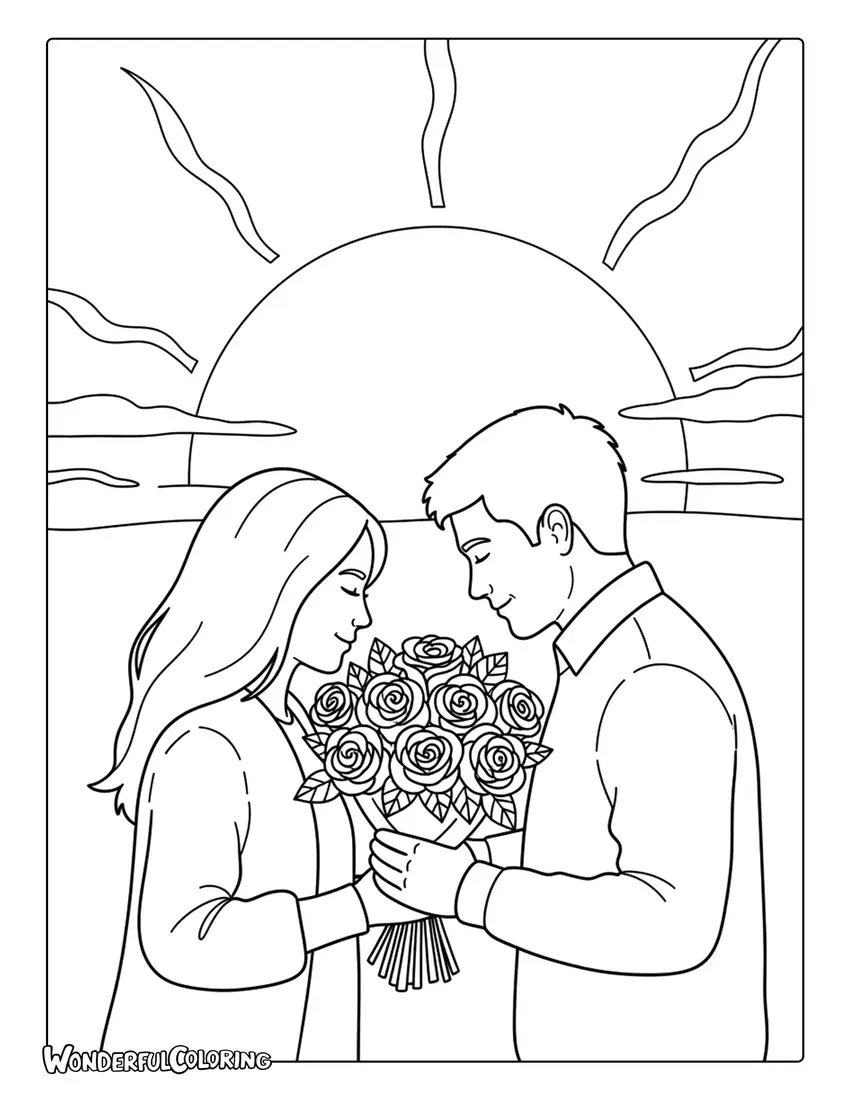 Romantic couple holding roses at sunset coloring page