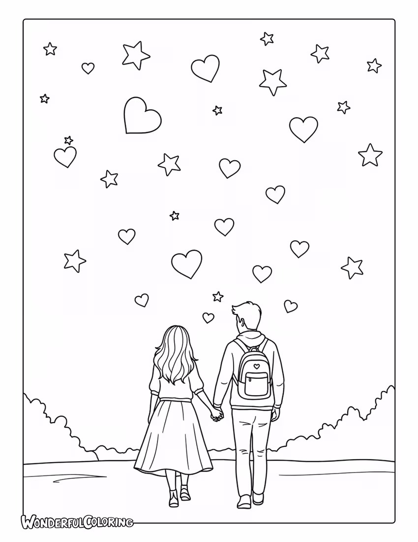 Romantic couple walking hand in hand coloring page