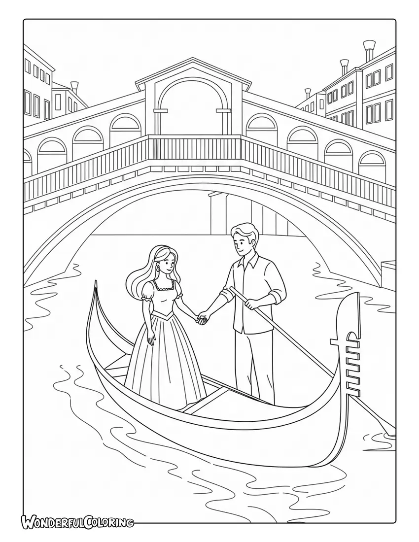 Romantic gondola couple bridge Venice coloring page with soft lighting and love theme