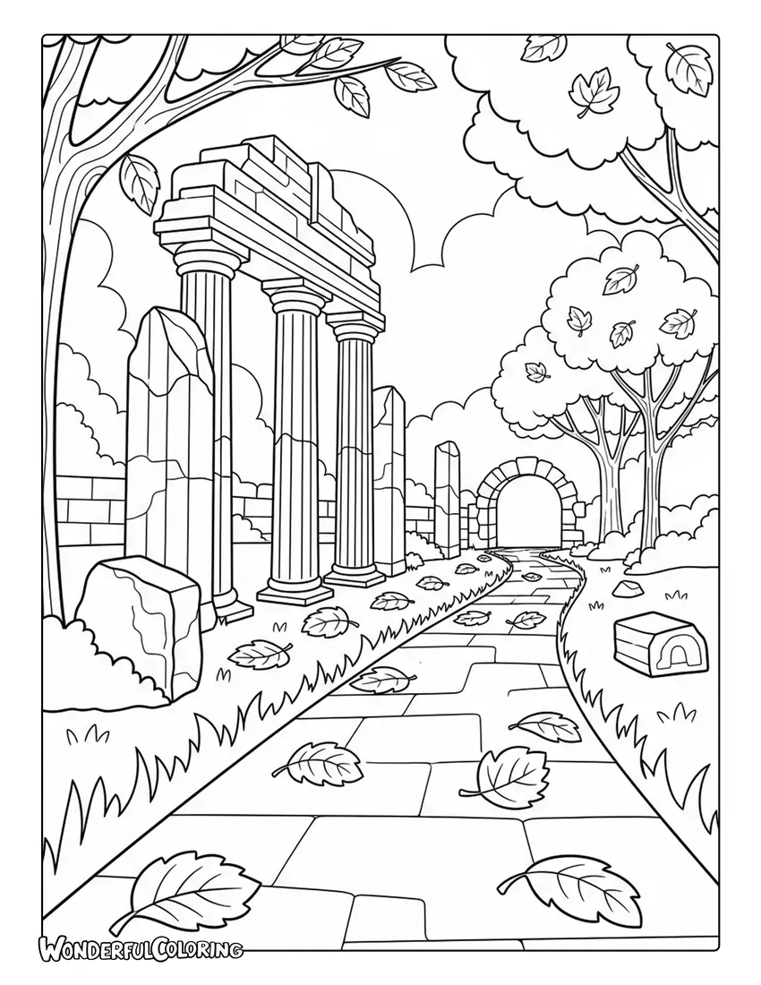 Autumn pathway near ancient Roman ruins coloring page