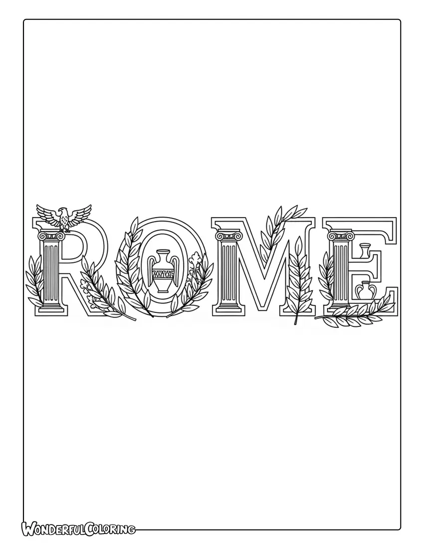 Rome classical laurel typography design coloring page