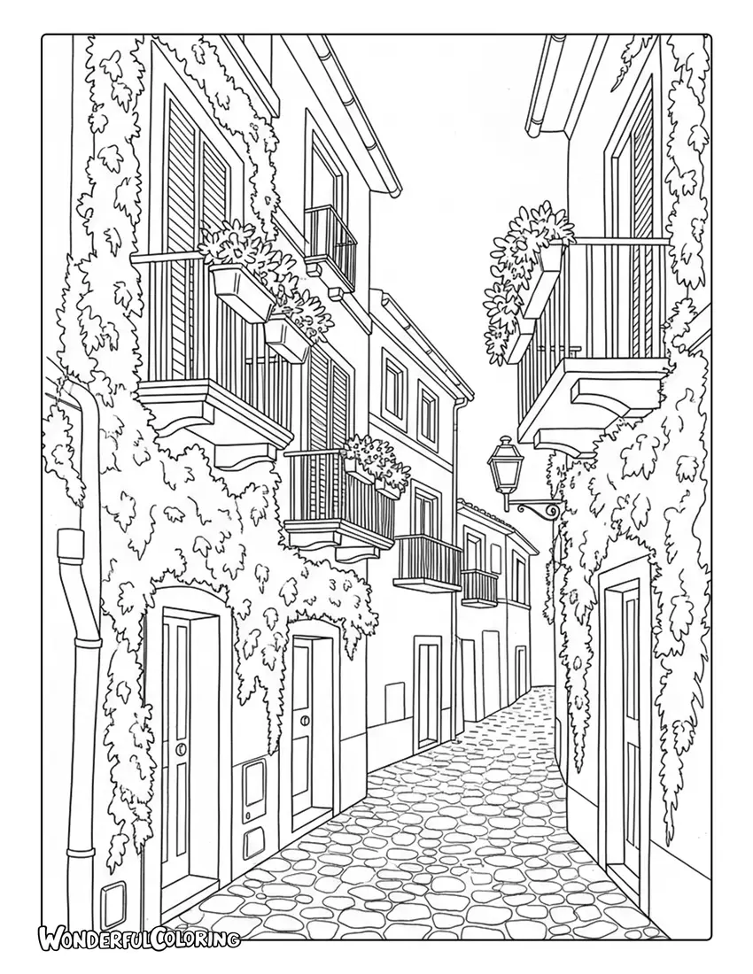 Cobblestone alley with ivy balconies Rome coloring page