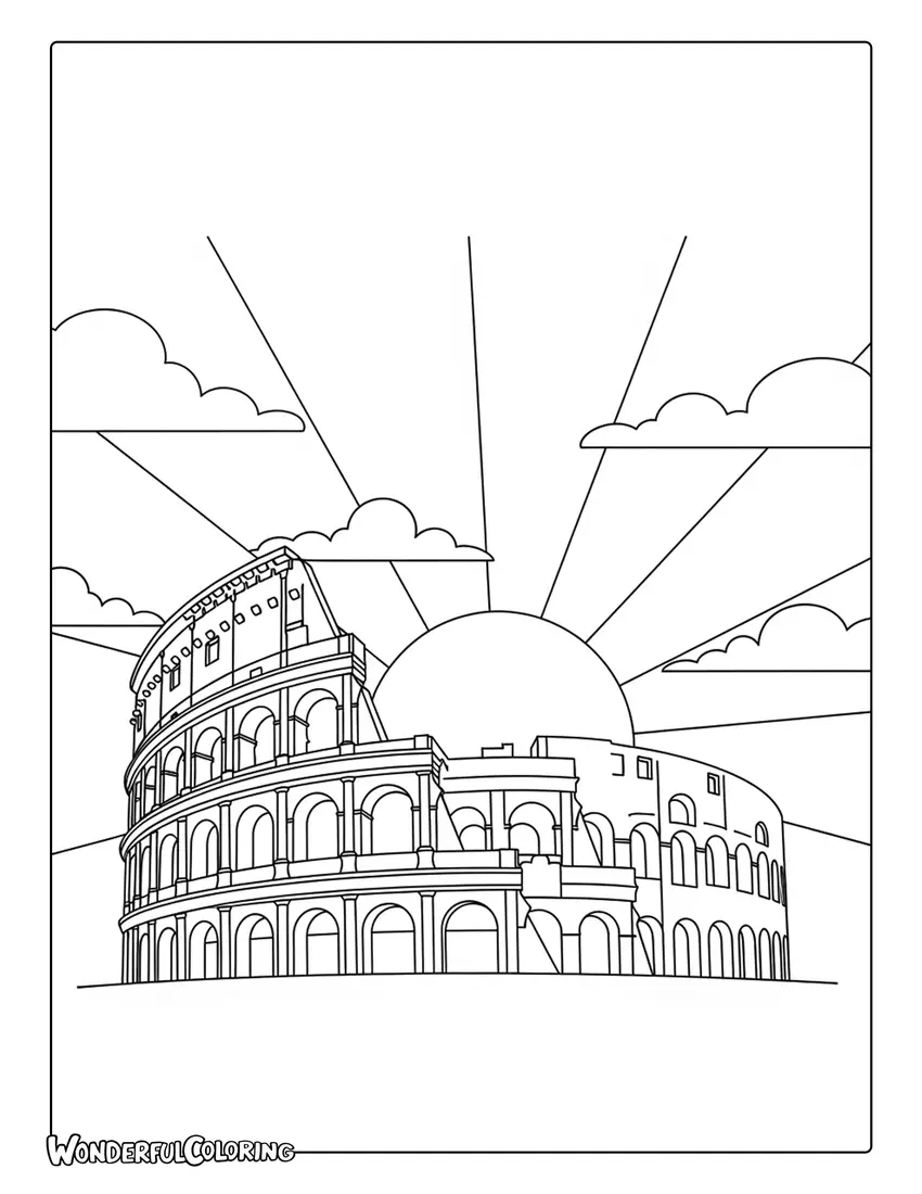 Colosseum at sunrise with glowing arches Rome coloring page