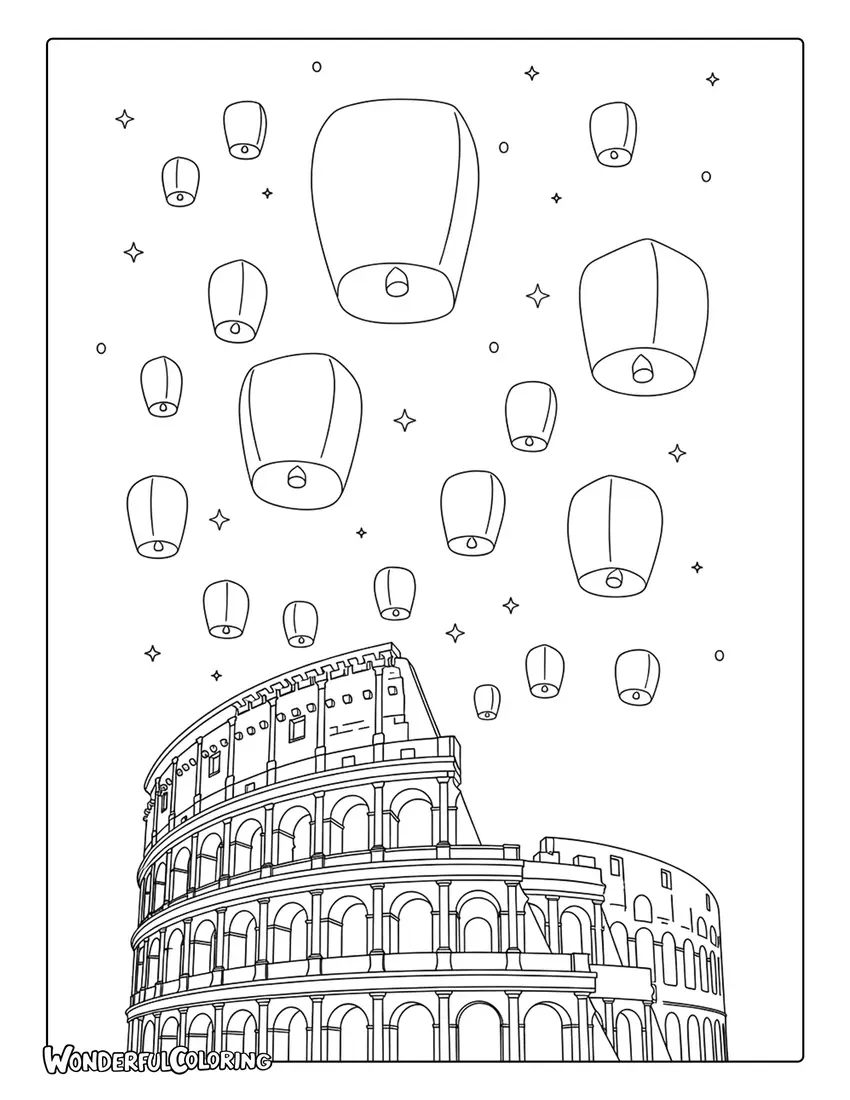 Fantasy Colosseum with floating lanterns Rome coloring page