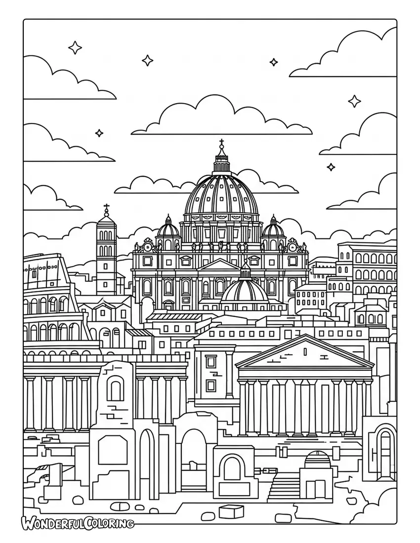 Historic Rome skyline with domes at twilight coloring page