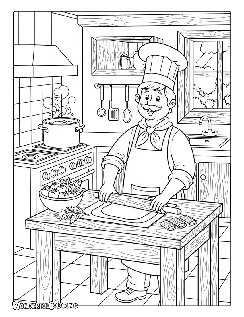 Italian chef cooking pasta in rustic kitchen Rome coloring page