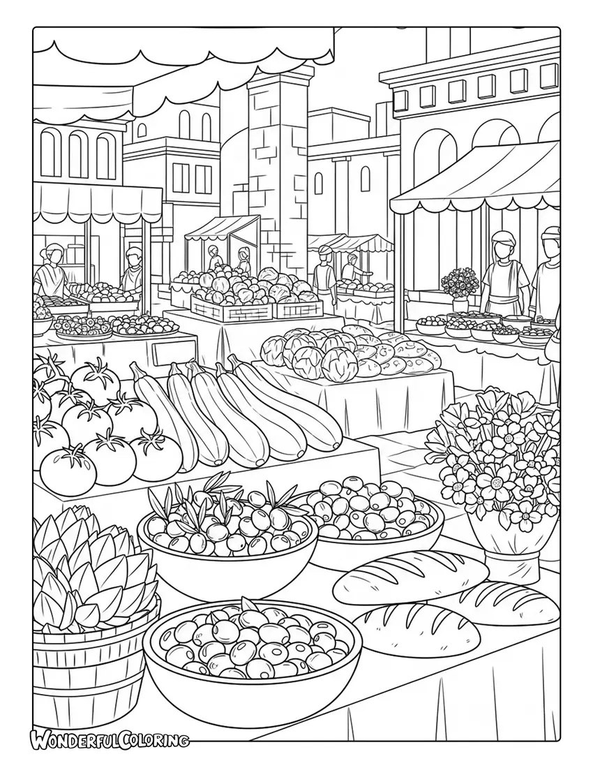 Roman market with vegetables bread and flowers coloring page