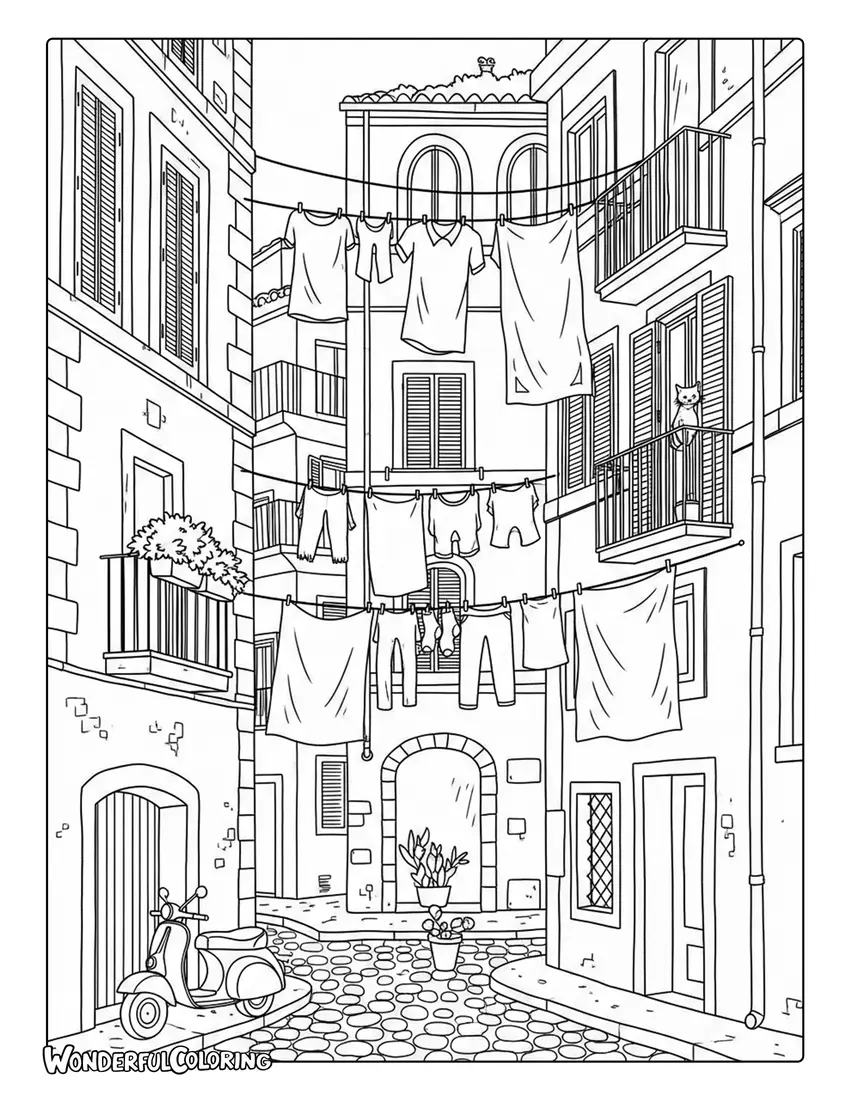 Laundry hanging between colorful Rome buildings coloring page