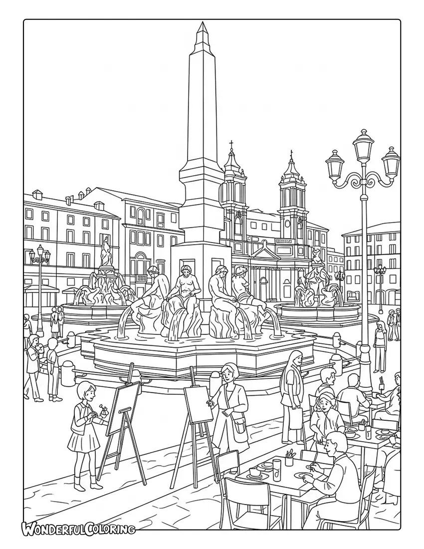 Piazza Navona fountain and artists Rome coloring page