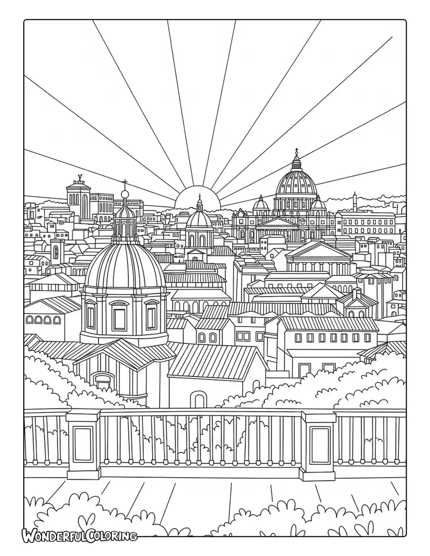 Pincian Hill panoramic Rome skyline coloring page