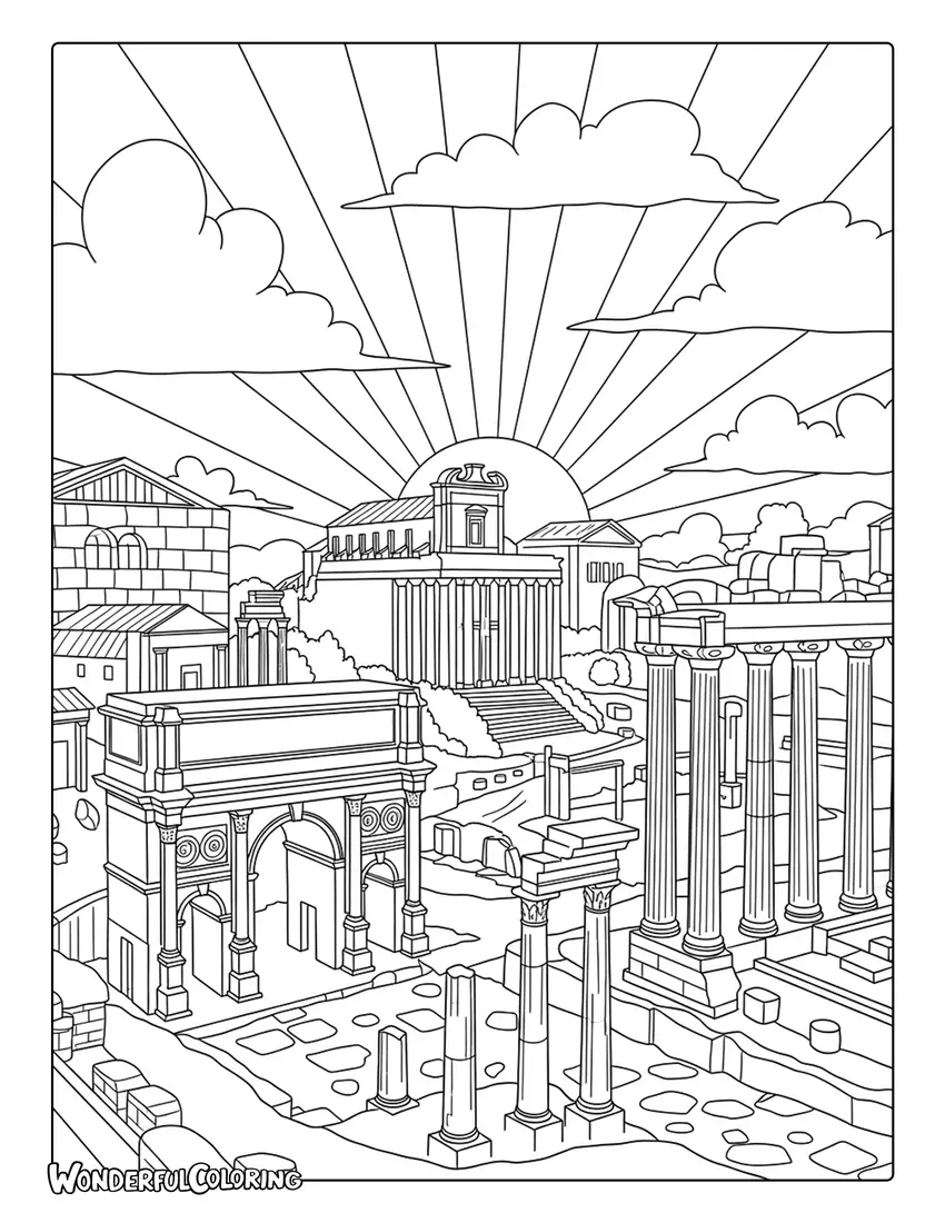 Roman Forum ancient ruins and columns Rome coloring page