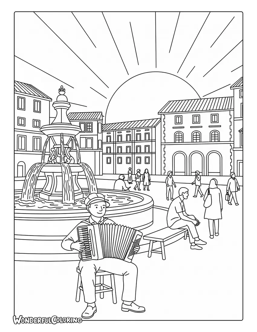 Street musician playing accordion in Rome piazza coloring page