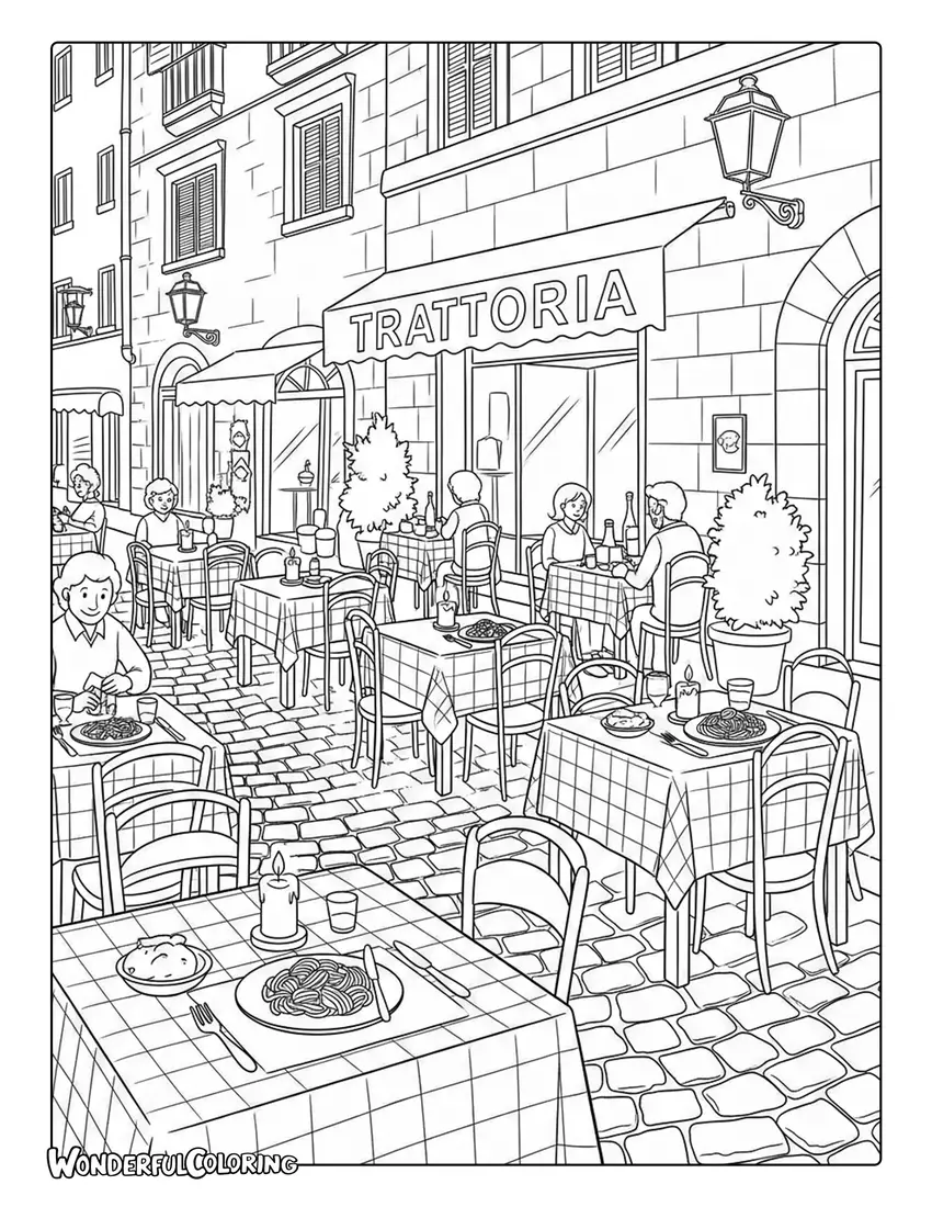 Roman trattoria outdoor dining street scene coloring page