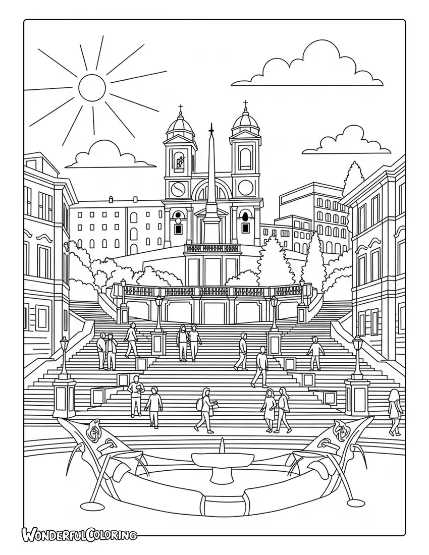 Trevi Fountain marble statues and water Rome coloring page