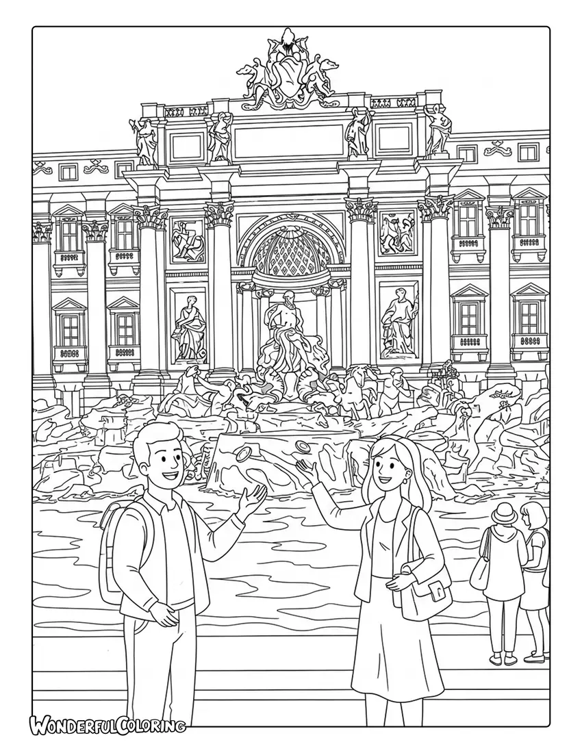 Tourists tossing coins into Trevi Fountain Rome coloring page
