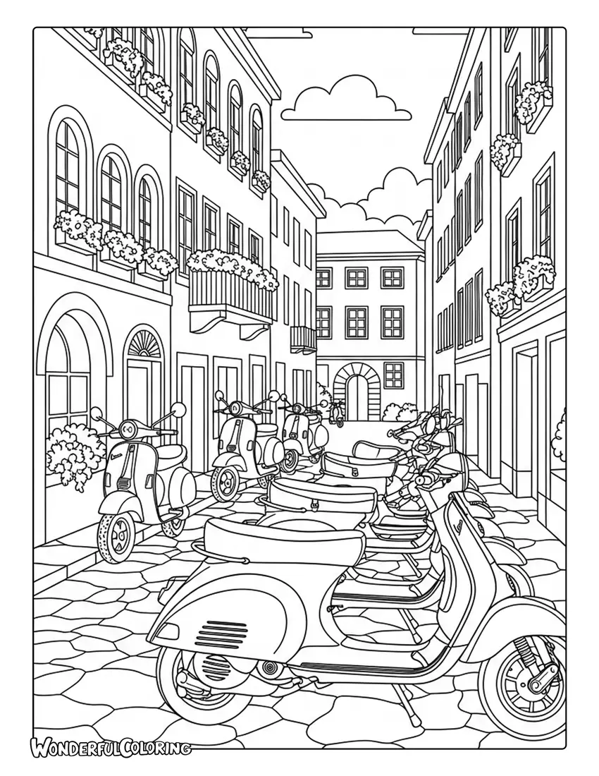Vespa scooters parked on historic Rome street coloring page