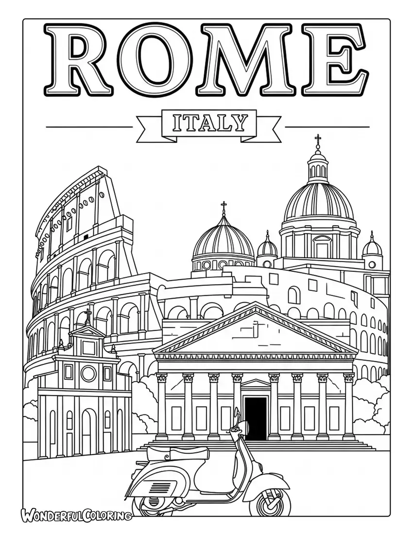 Vintage Rome travel poster typography coloring page