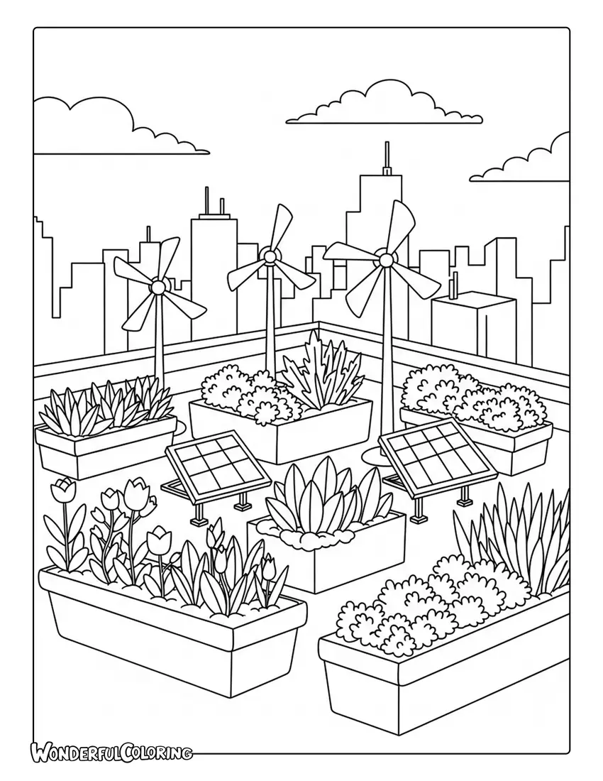 rooftop garden solar panels wind turbines eco city coloring page
