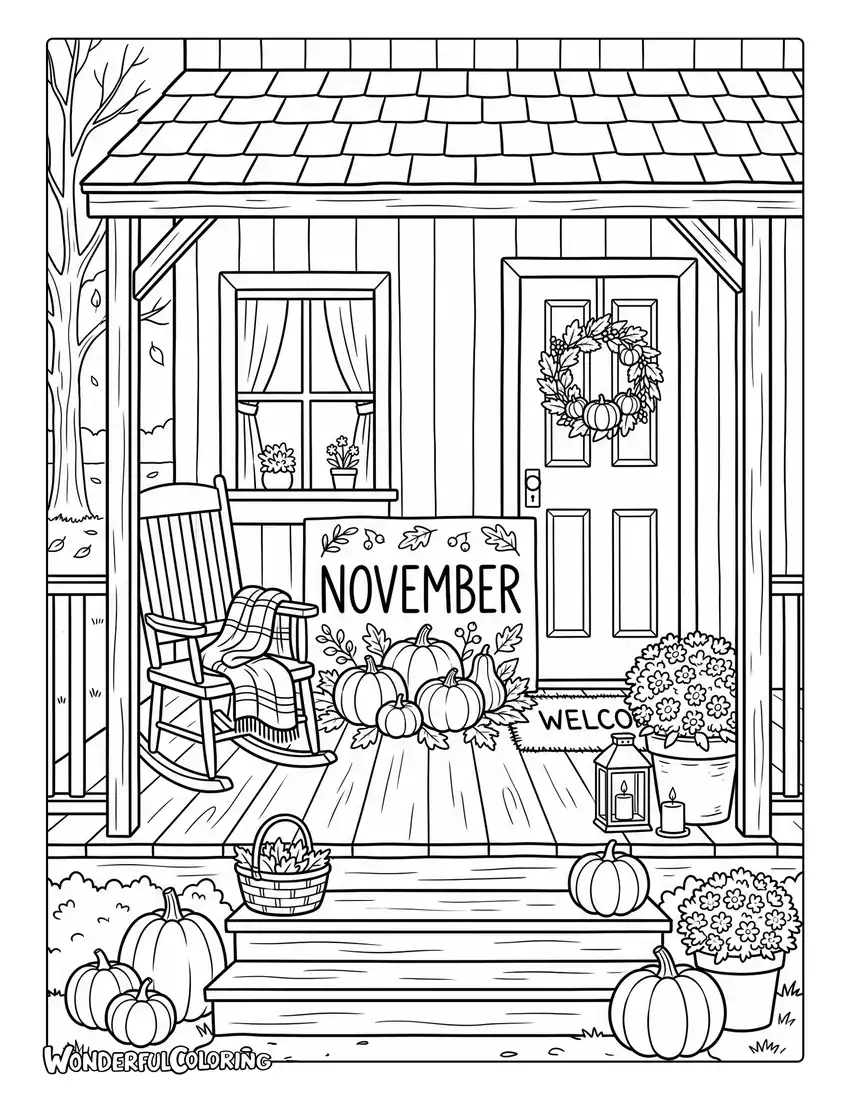 November front porch coloring page with pumpkins, autumn mums, lanterns, cozy blankets, and farmhouse welcome board