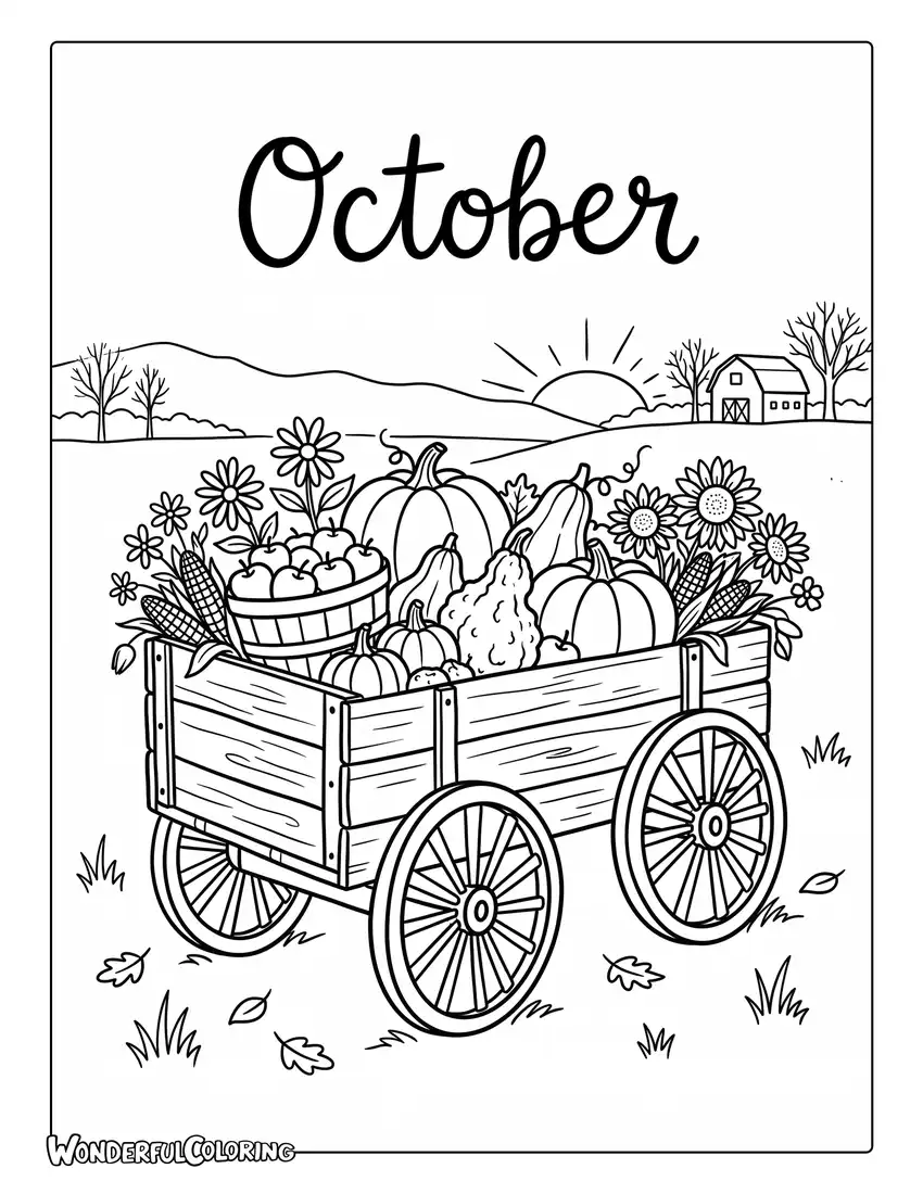 Rustic pumpkin wagon coloring page with pumpkins, gourds, apples, hay, and fall flowers
