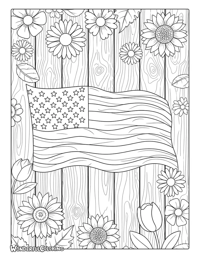 rustic wooden american flag flowers background coloring page