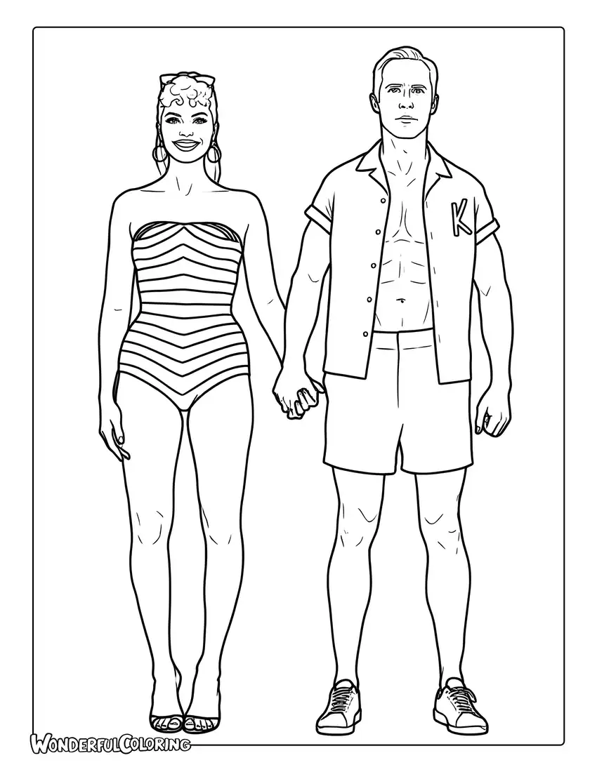 Ryan Gosling As Ken with Margot Robbie As Barbie Coloring Page