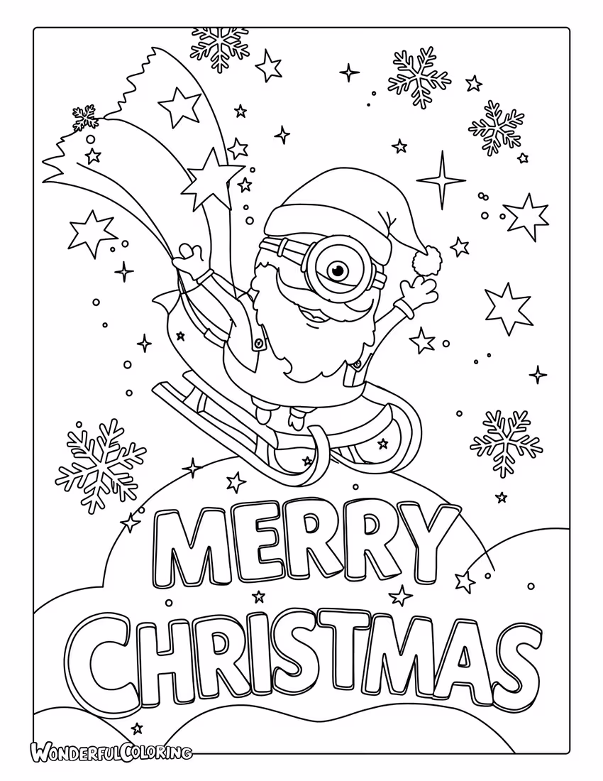 Santa Minion flying over Merry Christmas text coloring page.