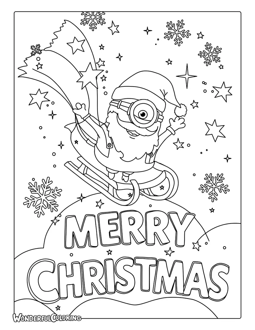 Santa Minion flying over Merry Christmas text coloring page.