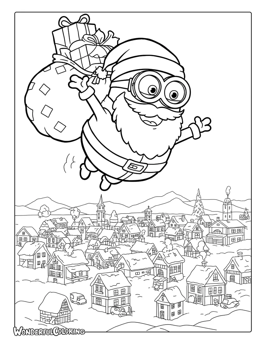 Santa Minion flying over town coloring page.