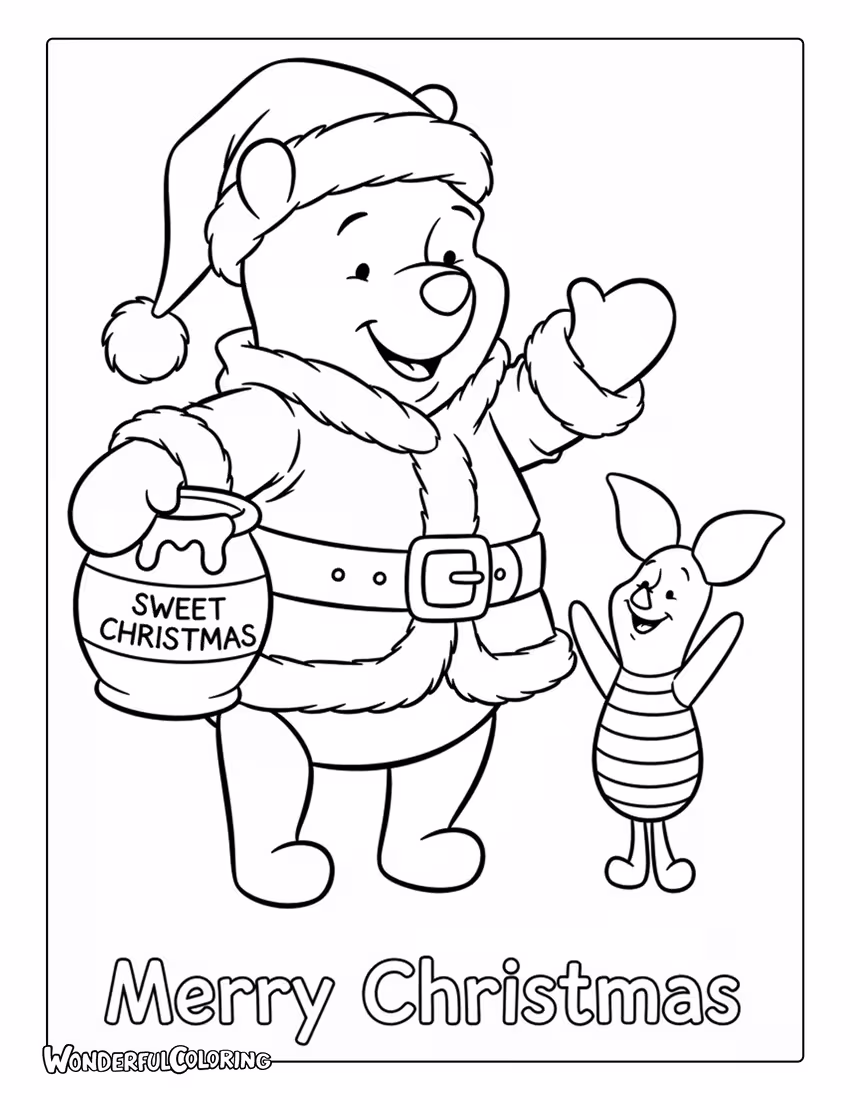 Pooh dressed as Santa with Piglet Merry Christmas coloring page