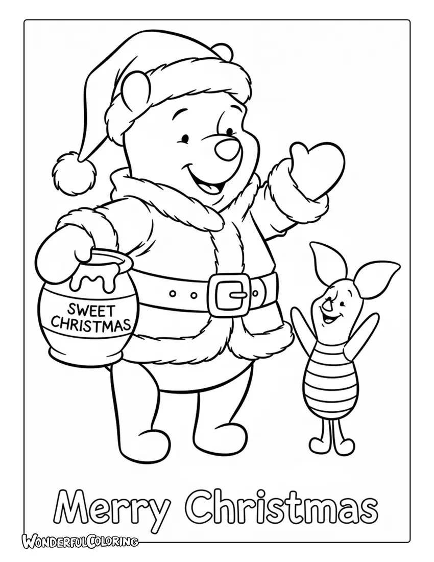Pooh dressed as Santa with Piglet Merry Christmas coloring page