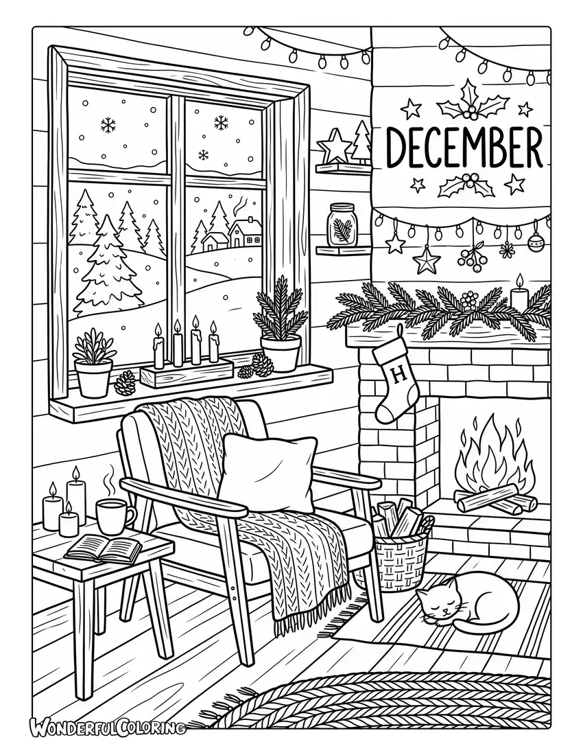 December Scandinavian home coloring page with a cozy winter interior, candles, wooden furniture, blankets, and snowy windows