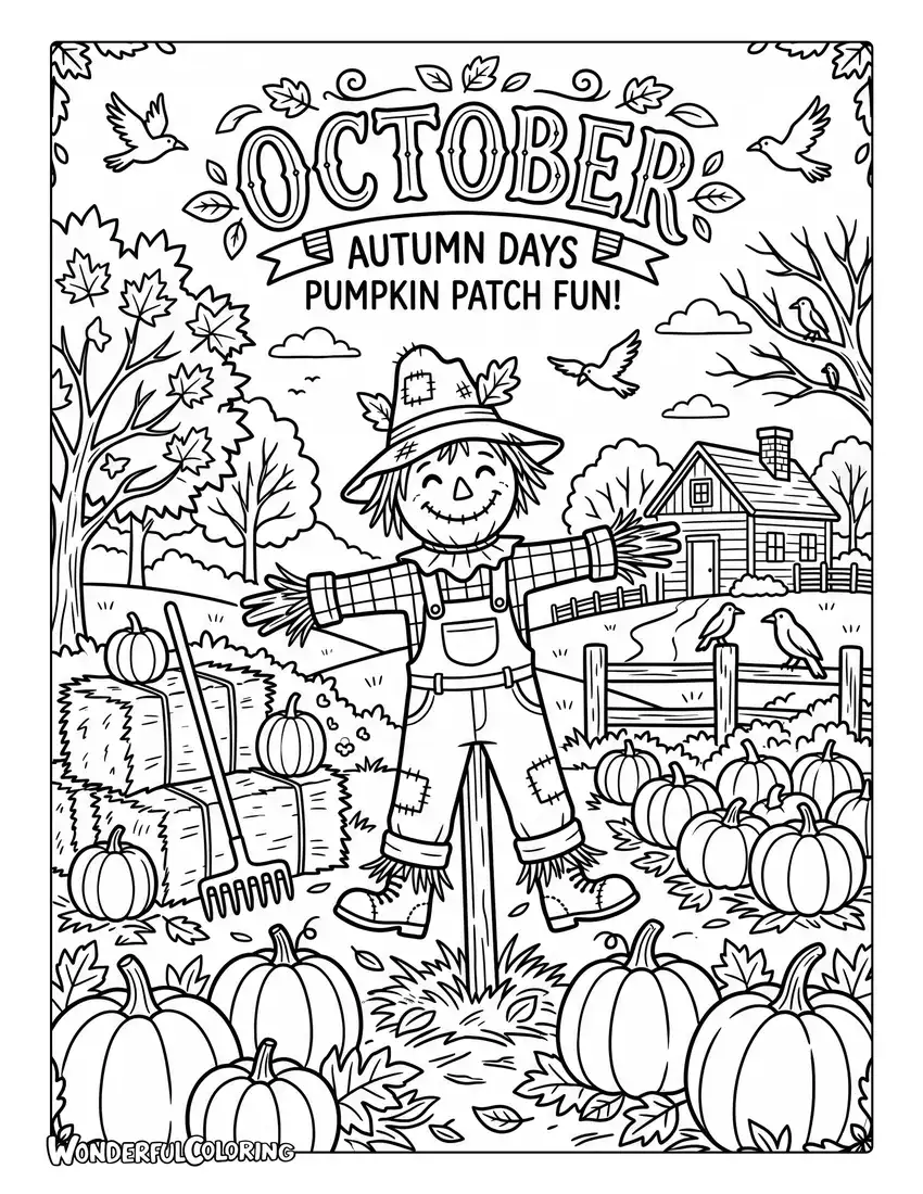 Scarecrow pumpkin patch coloring page with pumpkins, hay bales, crows, and autumn trees