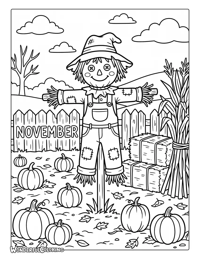 November scarecrow coloring page featuring pumpkin field, hay bales, corn stalks, and wooden fence