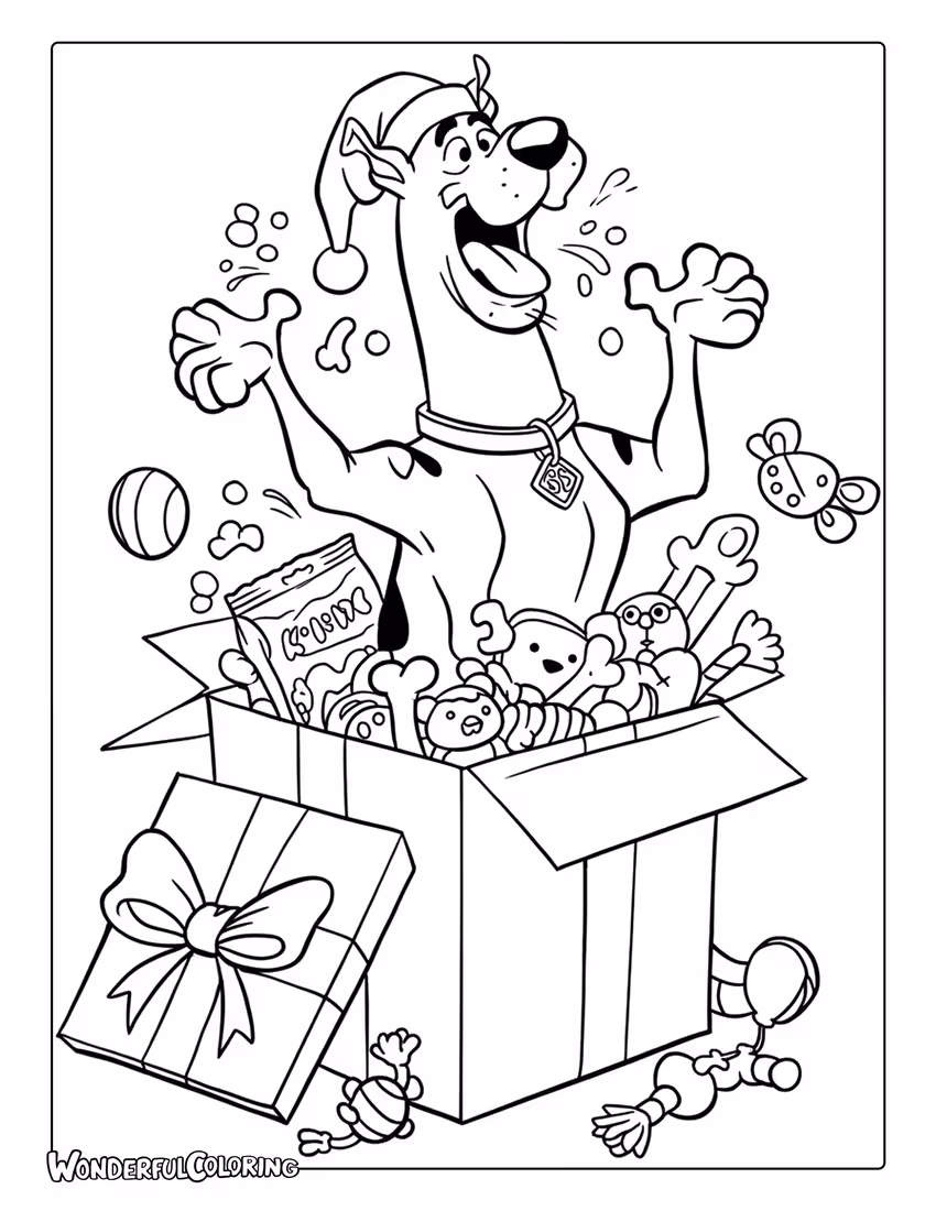 Scooby Doo Christmas coloring page of Scooby popping out of a gift box