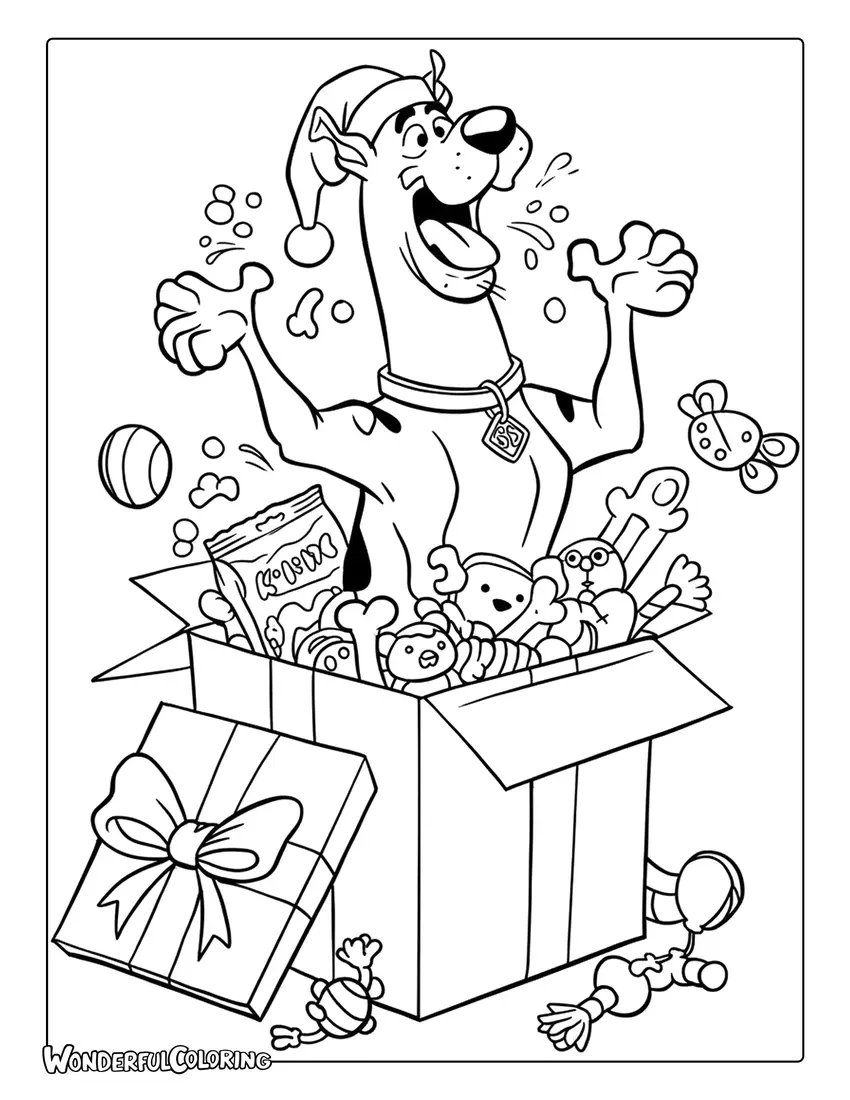 Scooby Doo Christmas coloring page of Scooby popping out of a gift box