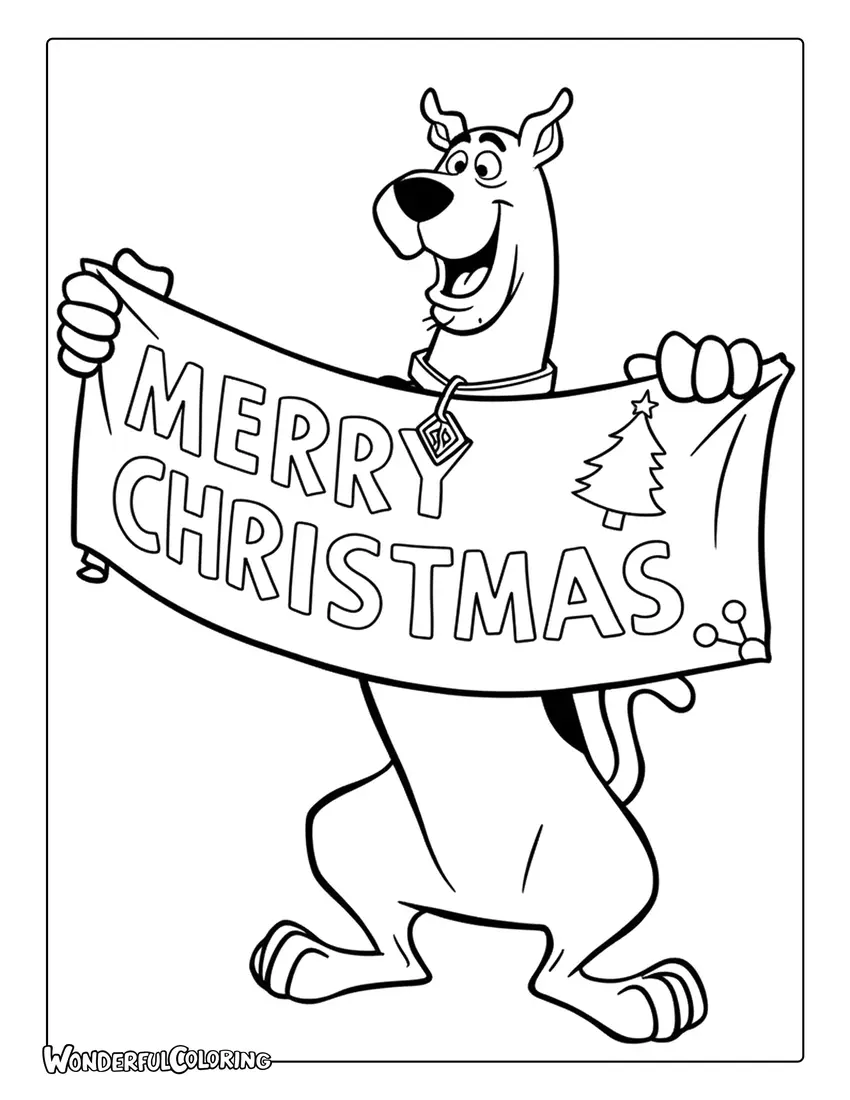 Scooby Doo Holding Merry Christmas Banner Coloring Page