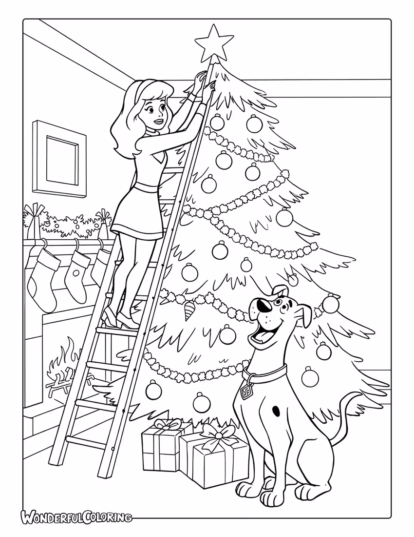 Scooby Doo Christmas coloring page of Daphne and Scooby decorating a tree
