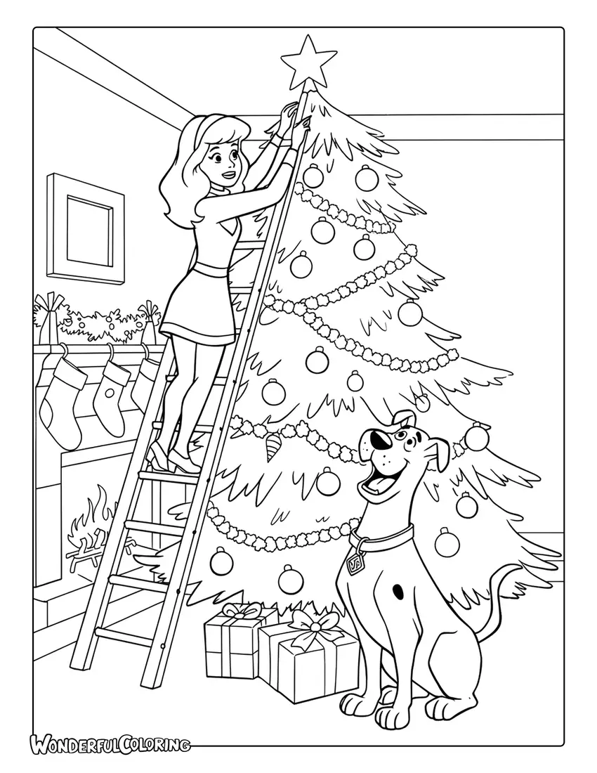 Scooby Doo Christmas coloring page of Daphne and Scooby decorating a tree