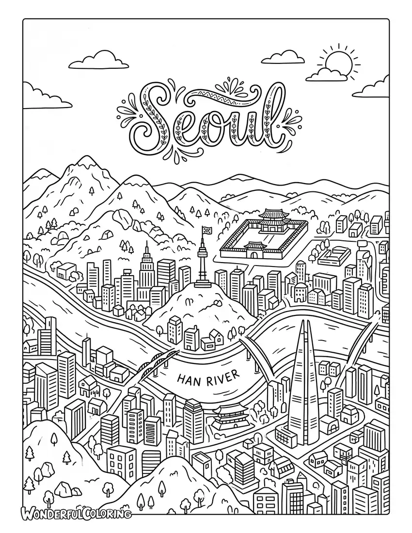 Seoul aerial city skyline coloring page with Han River, mountains, skyscrapers, and famous landmarks