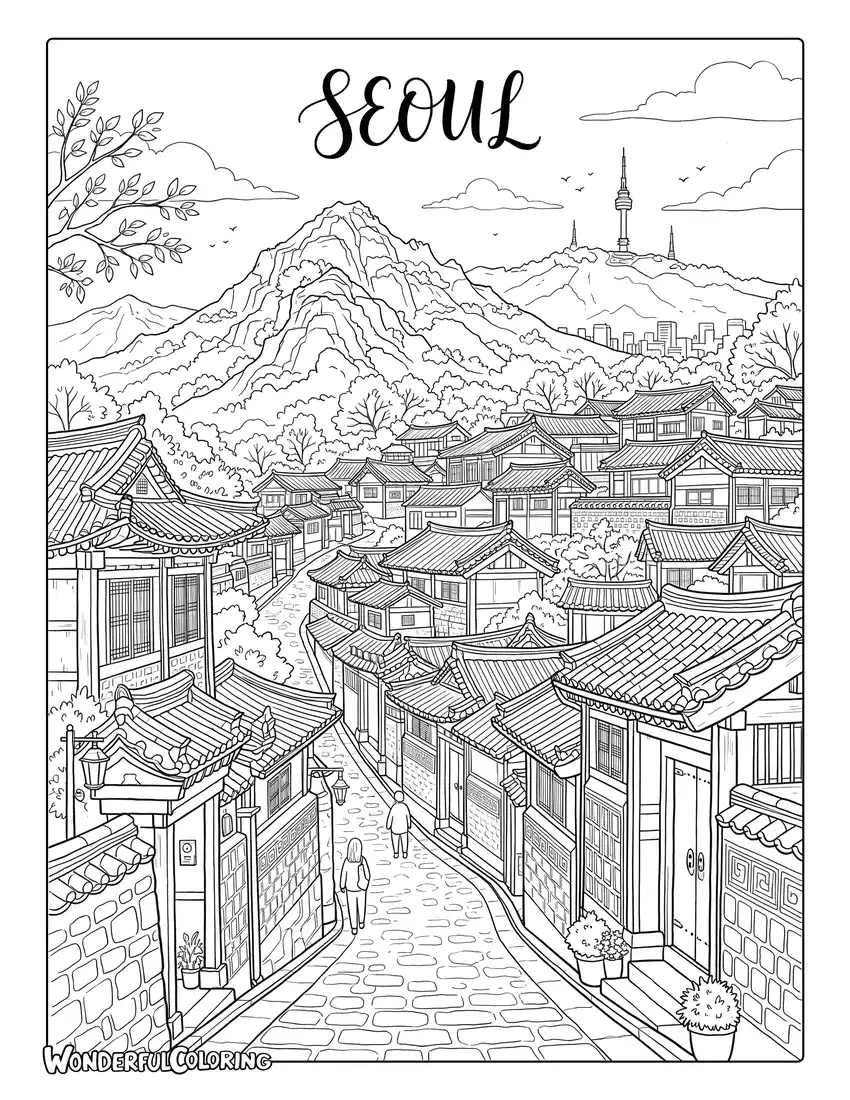 Seoul Bukchon Hanok Village watercolor coloring page with traditional houses, autumn trees, and mountains