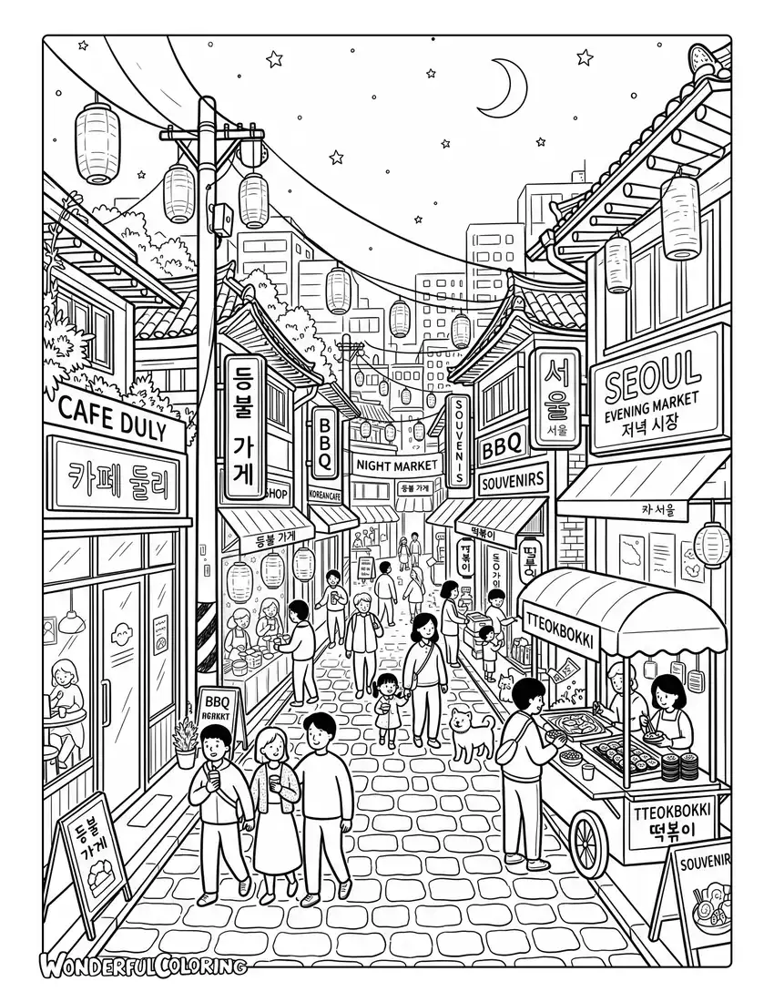 Seoul cozy evening street coloring page with Korean cafes, lanterns, food carts, and pedestrians