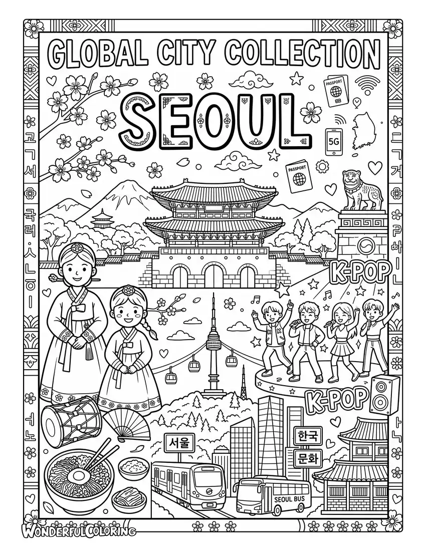 Seoul cultural collage coloring page with hanbok, palace architecture, K-pop elements, technology, and city icons