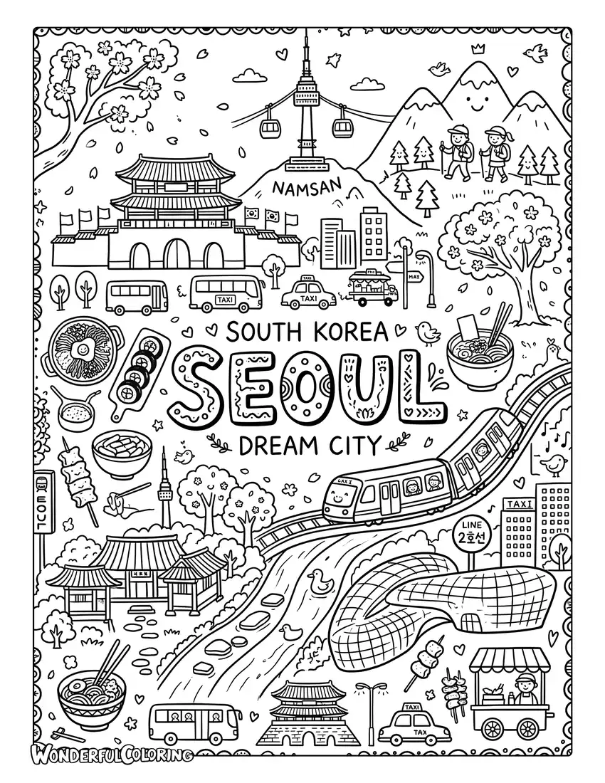 Seoul doodle city coloring page with palaces, subway trains, Korean food, mountains, and cherry blossoms