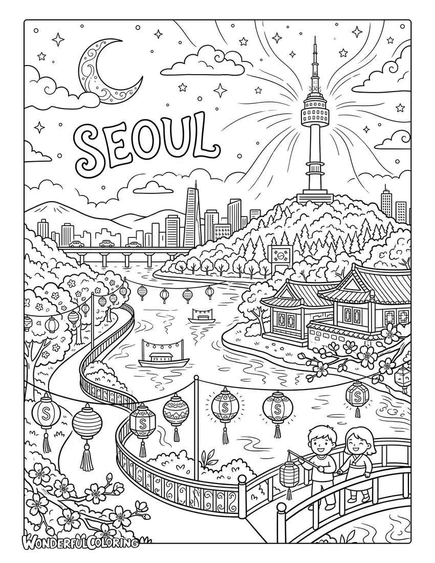 Seoul dreamy night scene coloring page with moonlight, lanterns, cherry blossoms, and N Seoul Tower