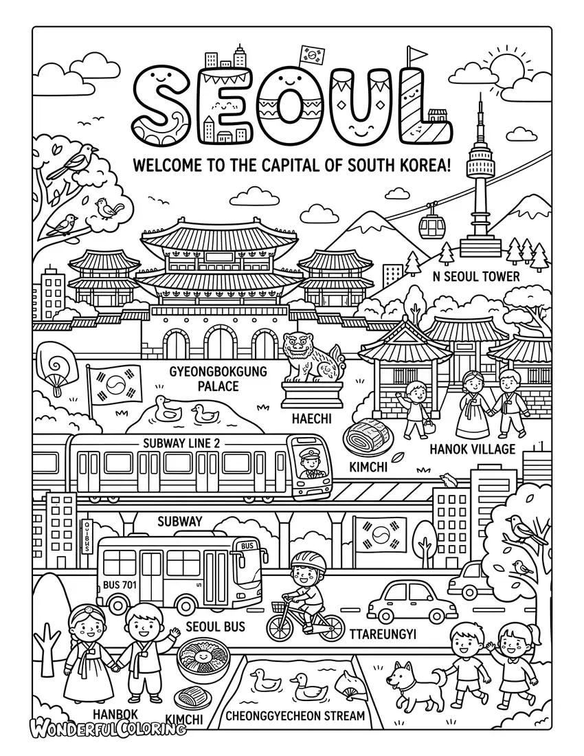 Seoul educational city coloring page with landmarks, hanbok, transportation, mountains, and Korean culture symbols
