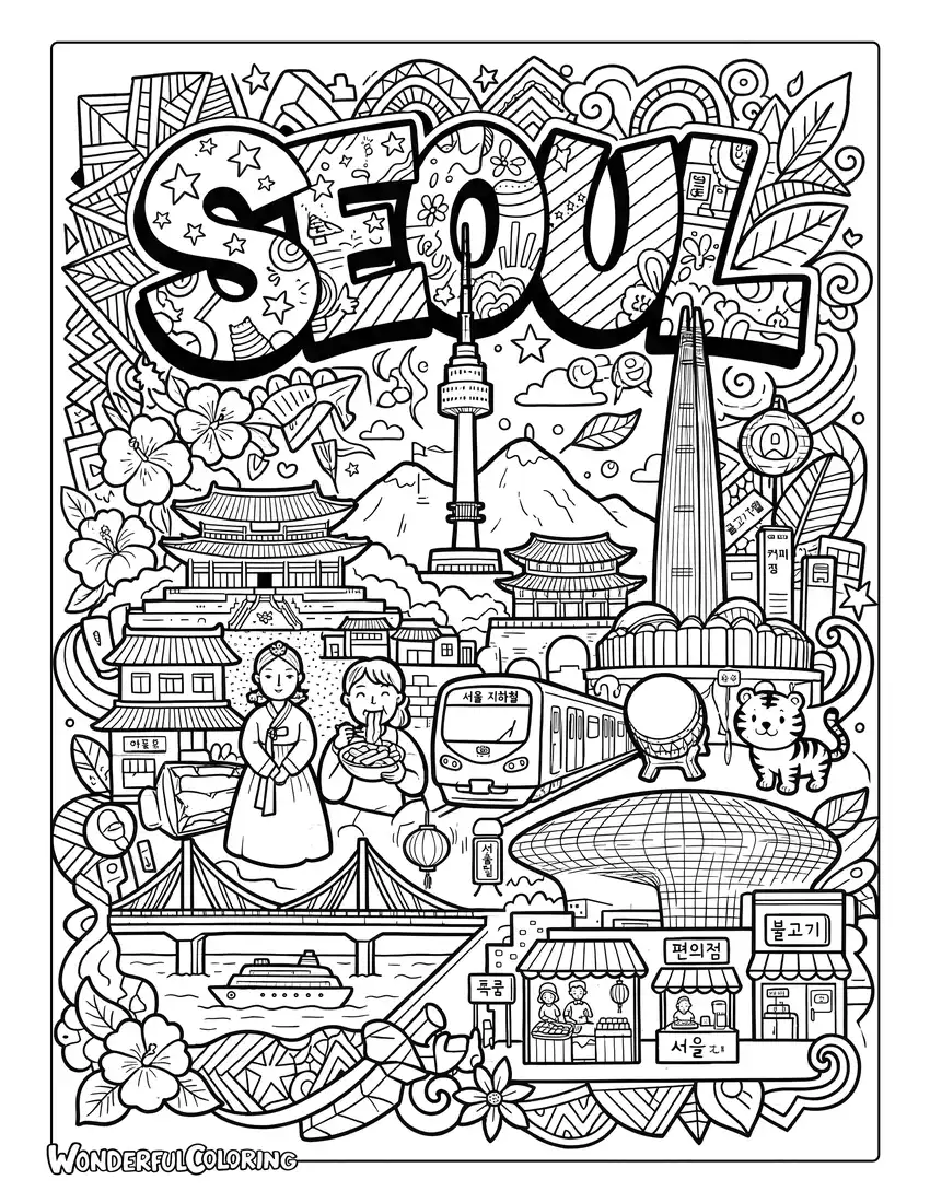 Seoul graffiti street art coloring page with landmarks, Korean symbols, urban patterns, and colorful details
